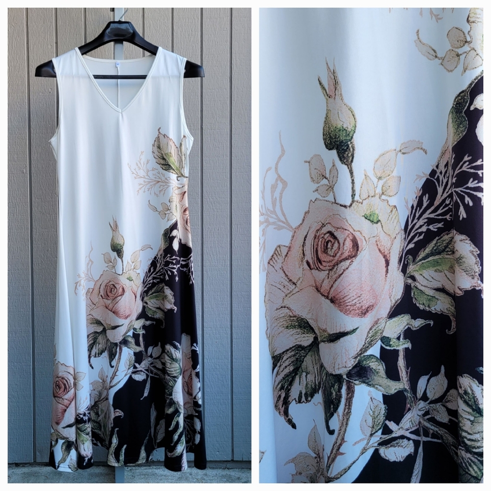 Silky Floral Vacation Dress Gorgeous Roses like new Black White Pink Sleeveless - Picture 13 of 13